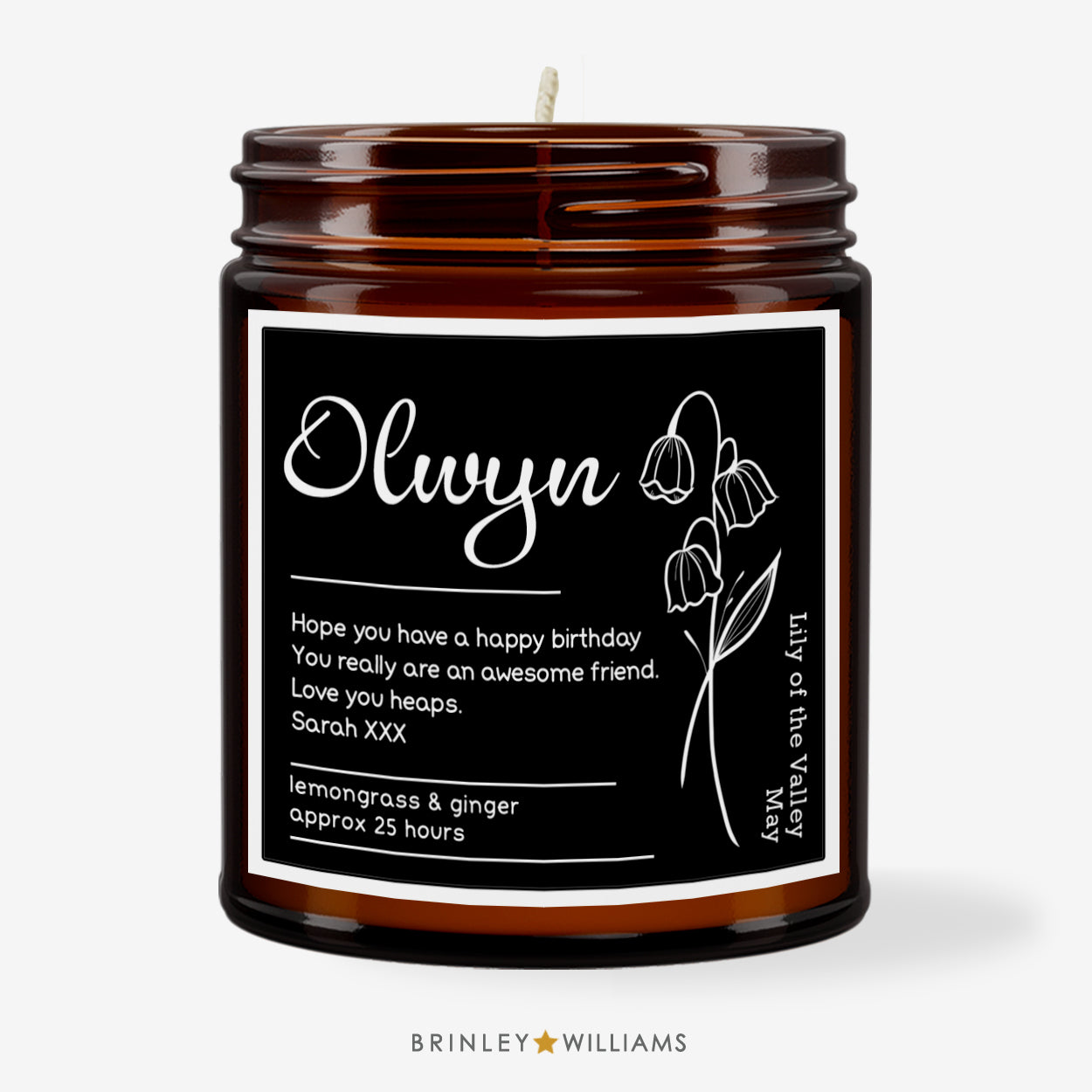 Birth Flower Personalised Scented Amber Candle - Black