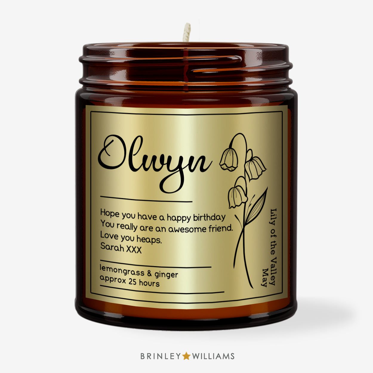 Birth Flower Personalised Scented Amber Candle - Gold Foil