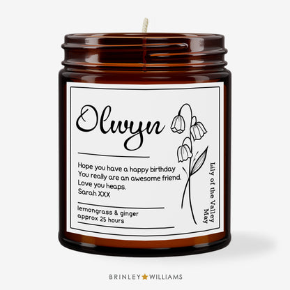 Birth Flower Personalised Scented Amber Candle - White