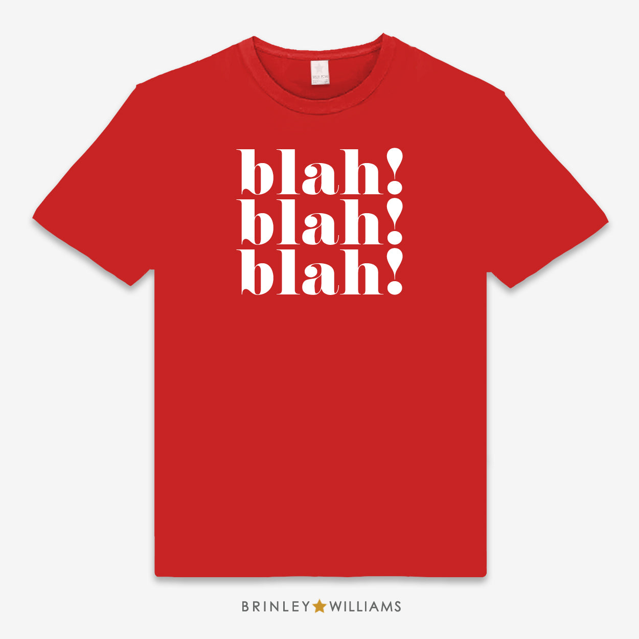 Red Unisex t-shirt with 'blah! blah! blah!' printed text design