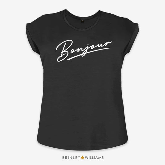 Bonjour Rolled Sleeve T-shirt - Black