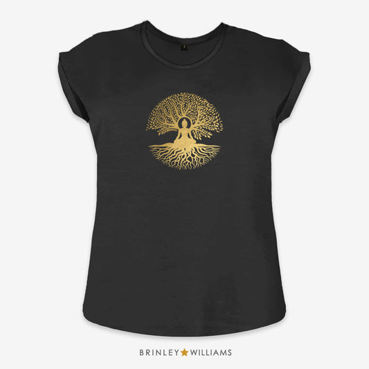 Buddha Tree Rolled Sleeve T-shirt - Black