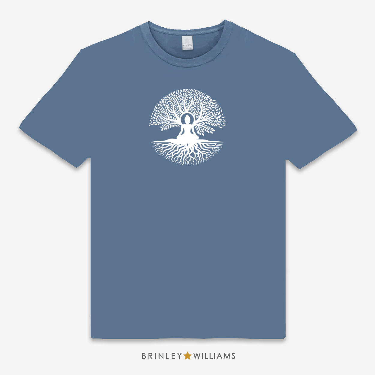 Blue unisex t-shirt with a white buddha tree design on the front