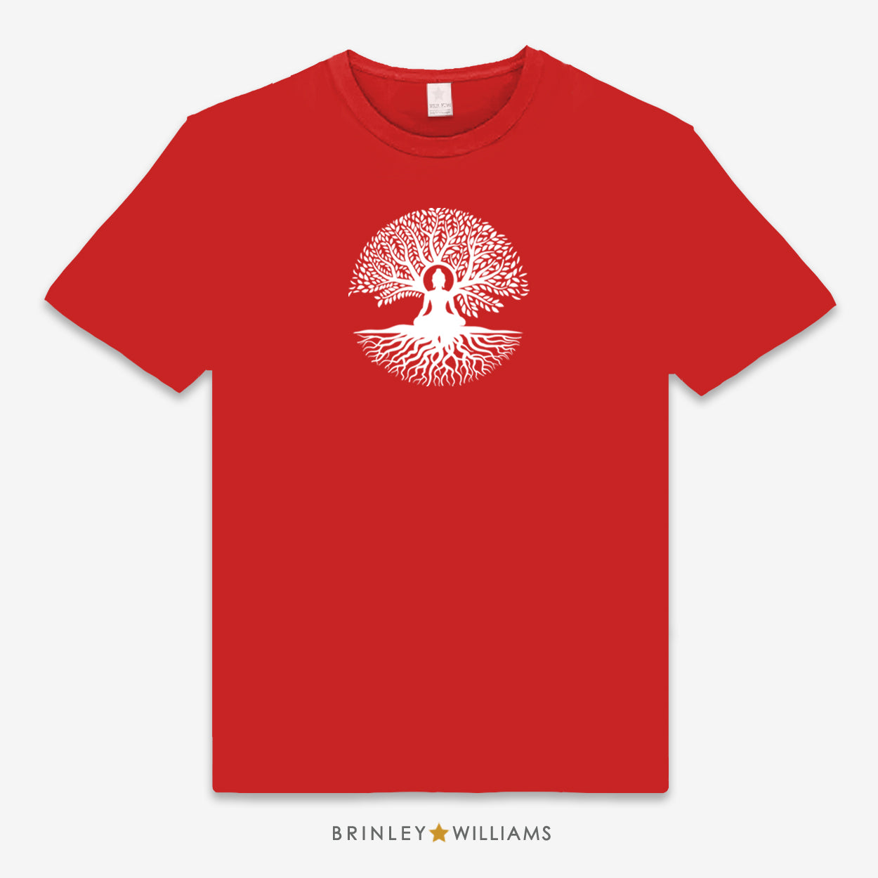 Red unisex t-shirt with a white buddha tree design on the front