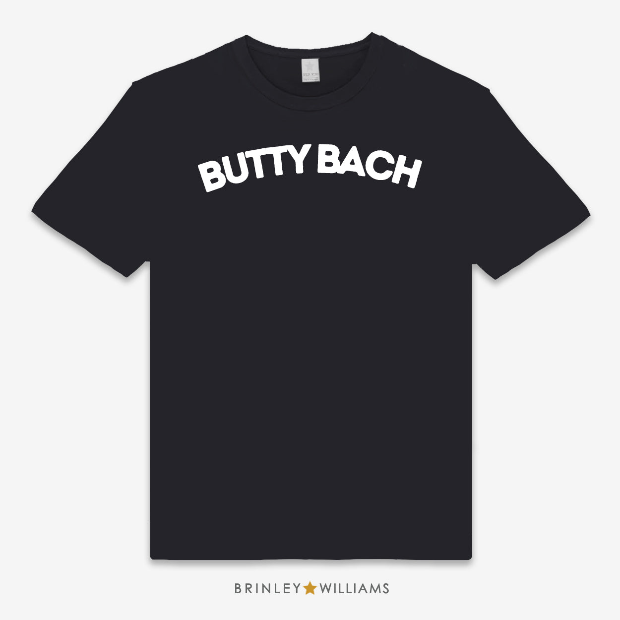 Black unisex t-shirt printed with 'BUTTY BACH' text design on the front