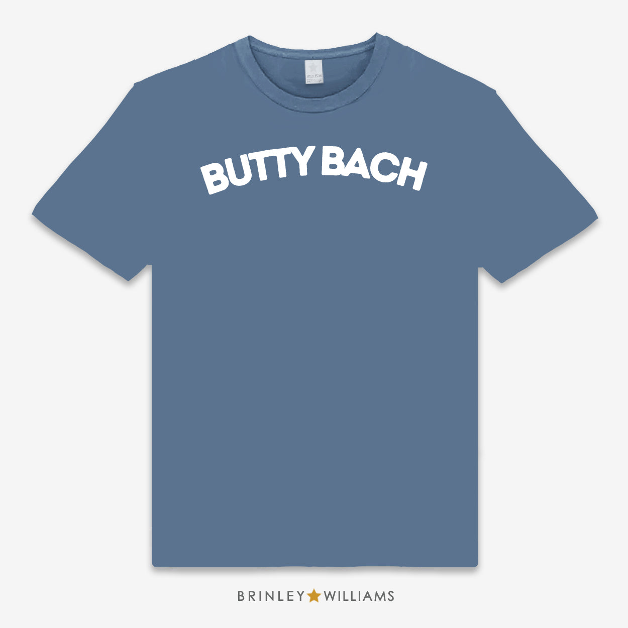 Blue unisex t-shirt printed with 'BUTTY BACH' text design on the front