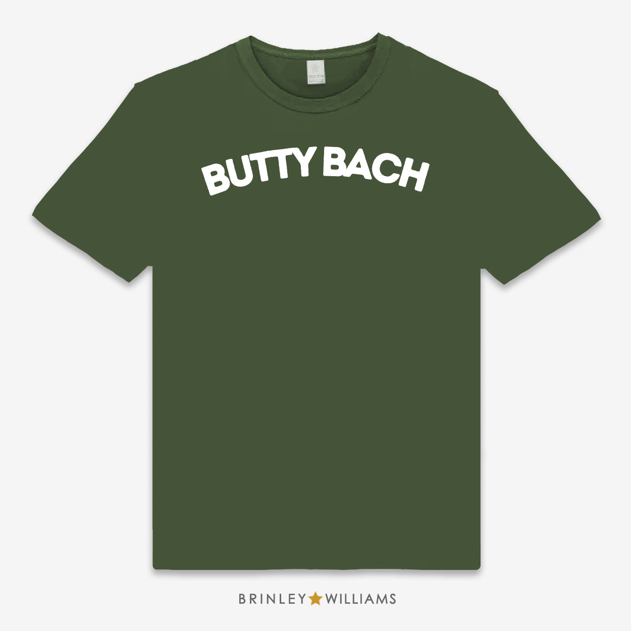 Green unisex t-shirt printed with 'BUTTY BACH' text design on the front