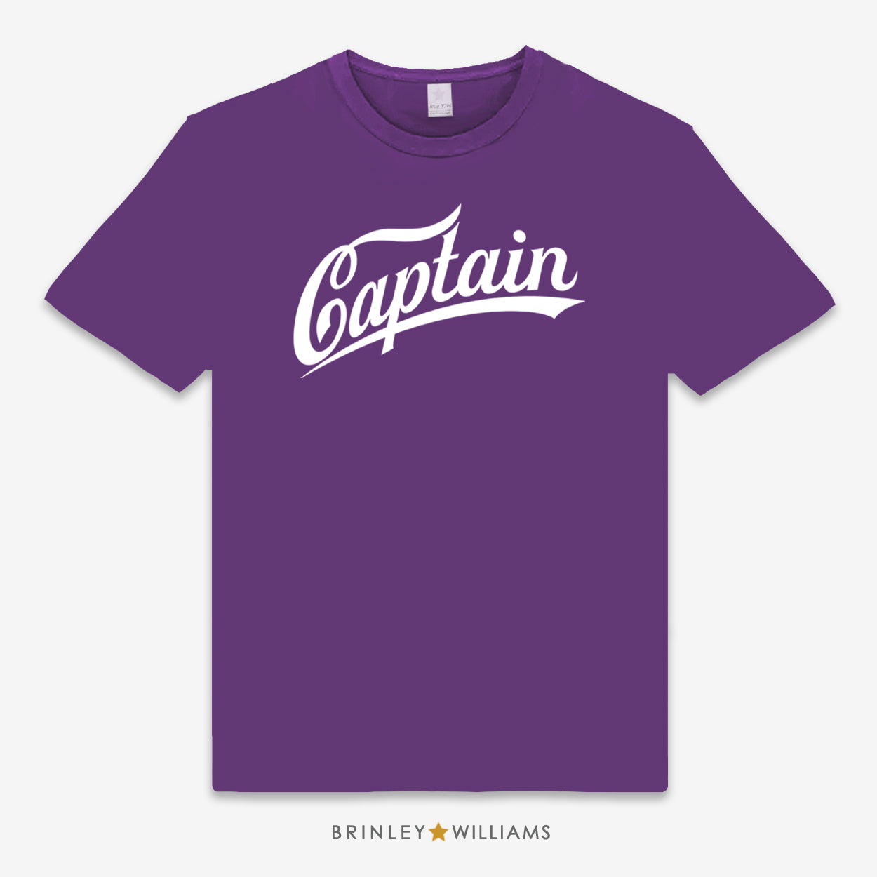 Purple t-shirt with 'Captain' design text printed on it 