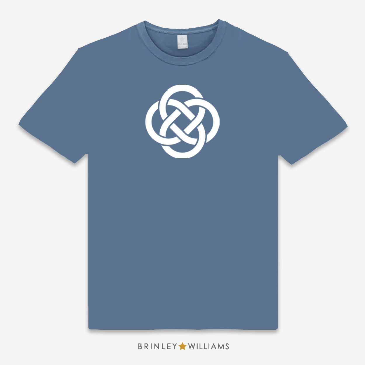 Blue unisex t-shirt printed with a large  white Celtic knot design