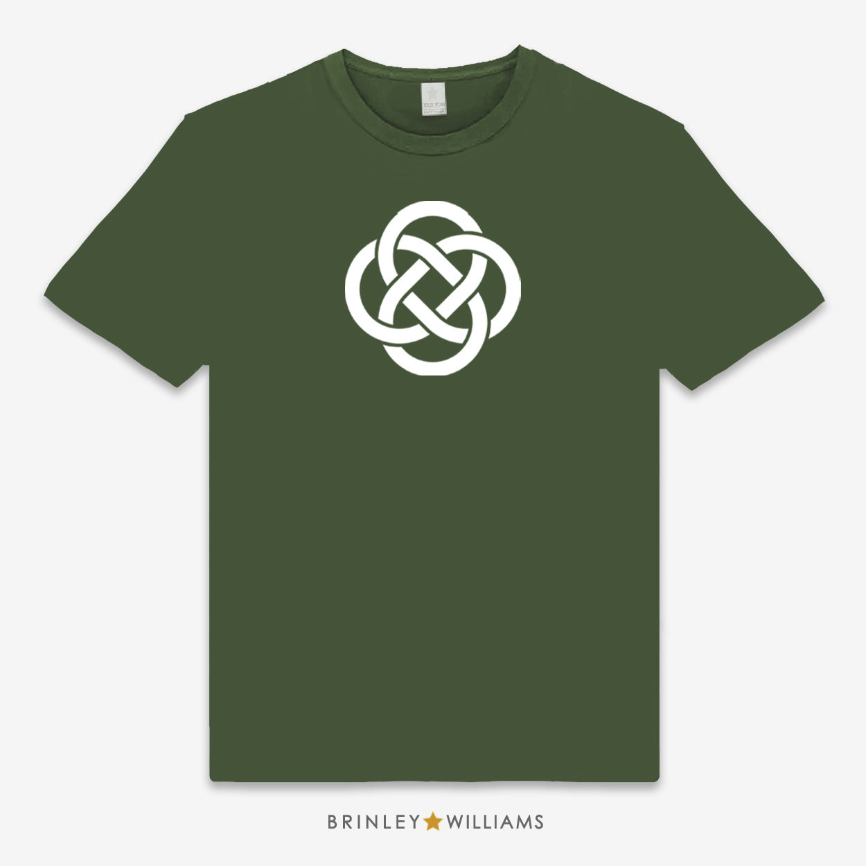 Green unisex t-shirt printed with a large  white Celtic knot design