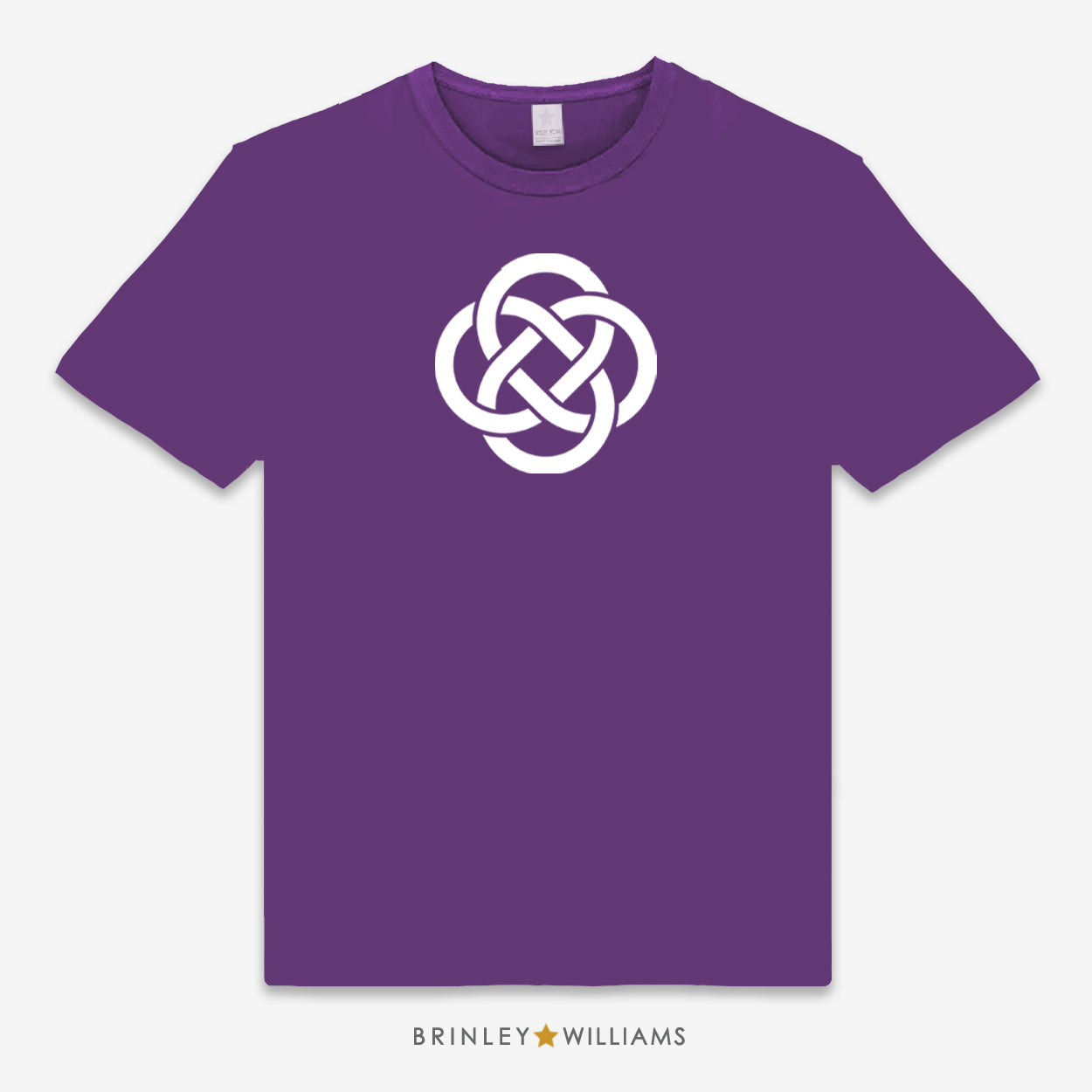 Purple unisex t-shirt printed with a large  white Celtic knot design