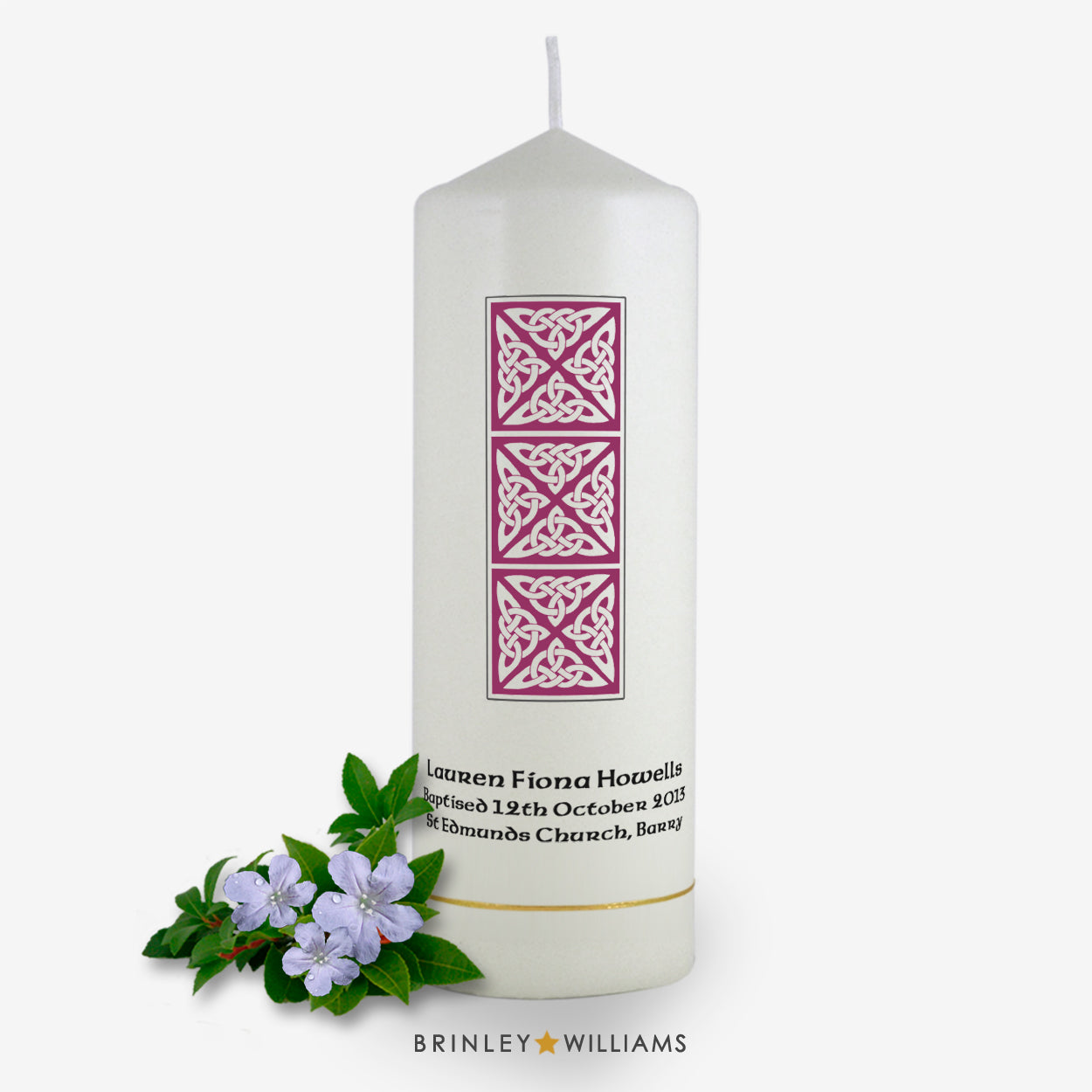 Celtic Column Personalised Baptism Candle - Burgundy