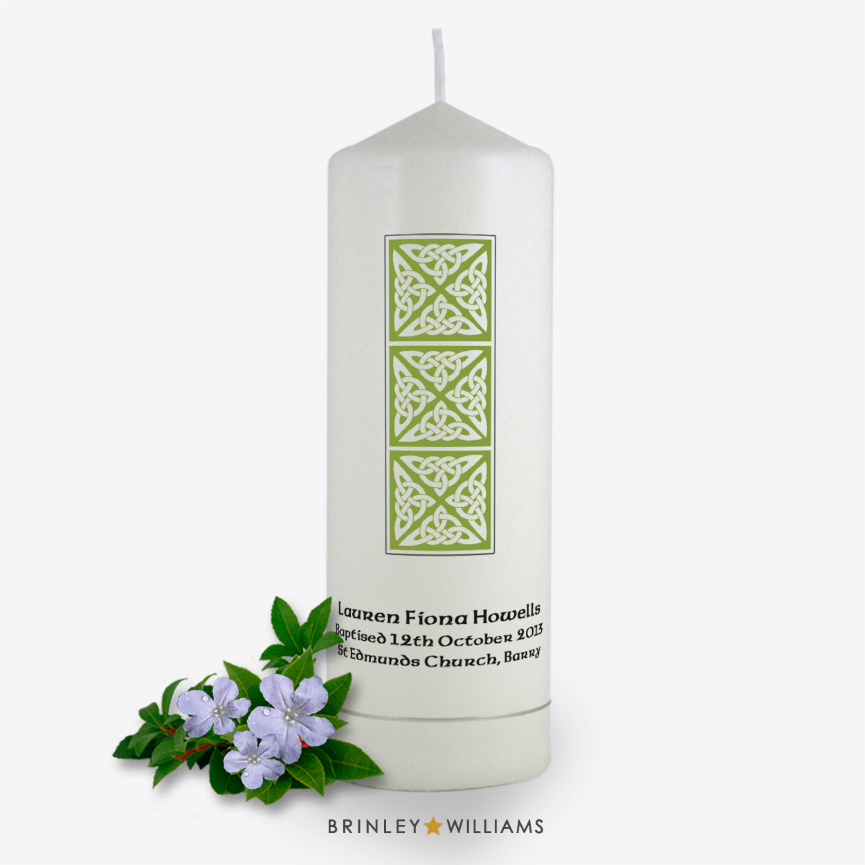 Celtic Column Personalised Baptism Candle - Emerald