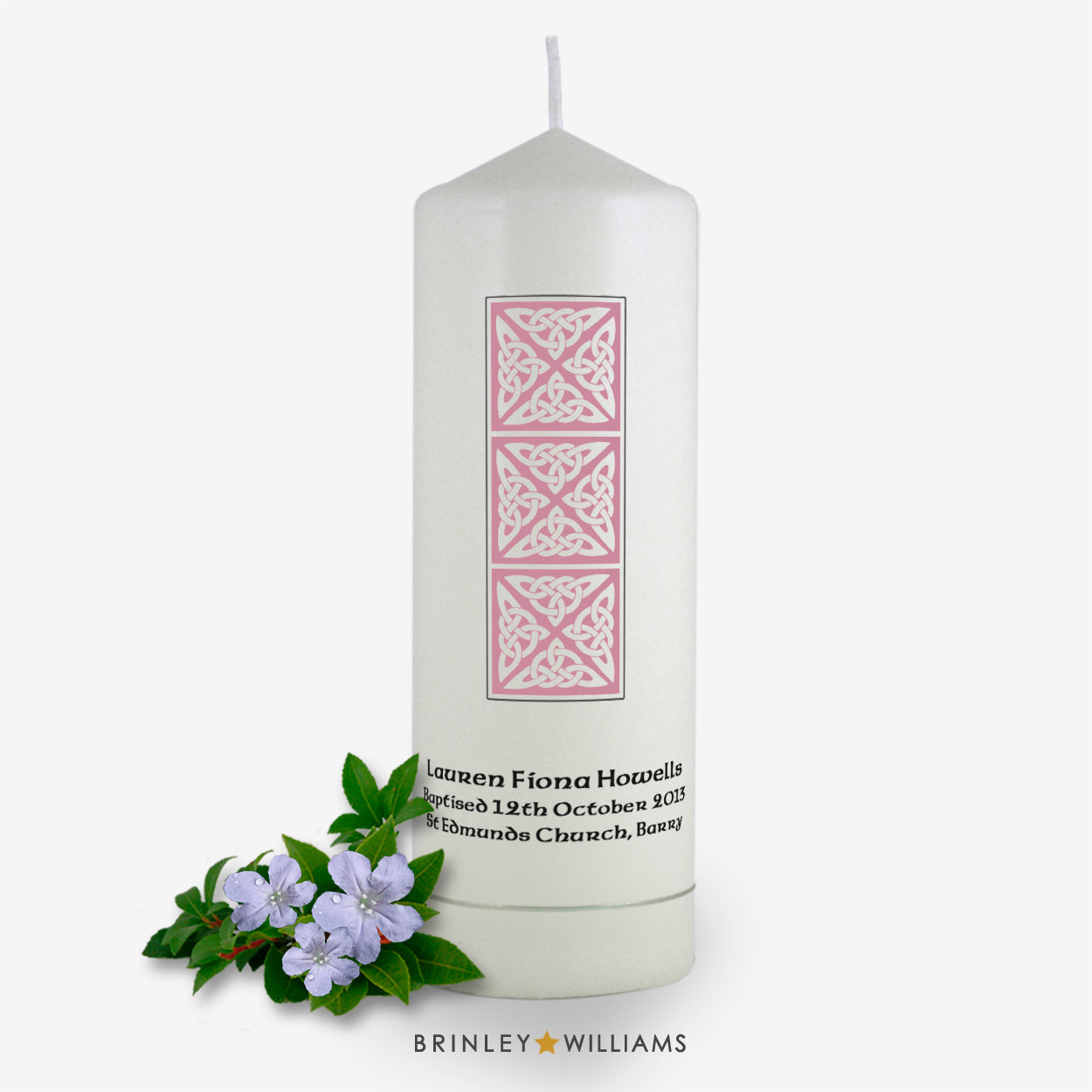 Celtic Column Personalised Baptism Candle - Soft Pink