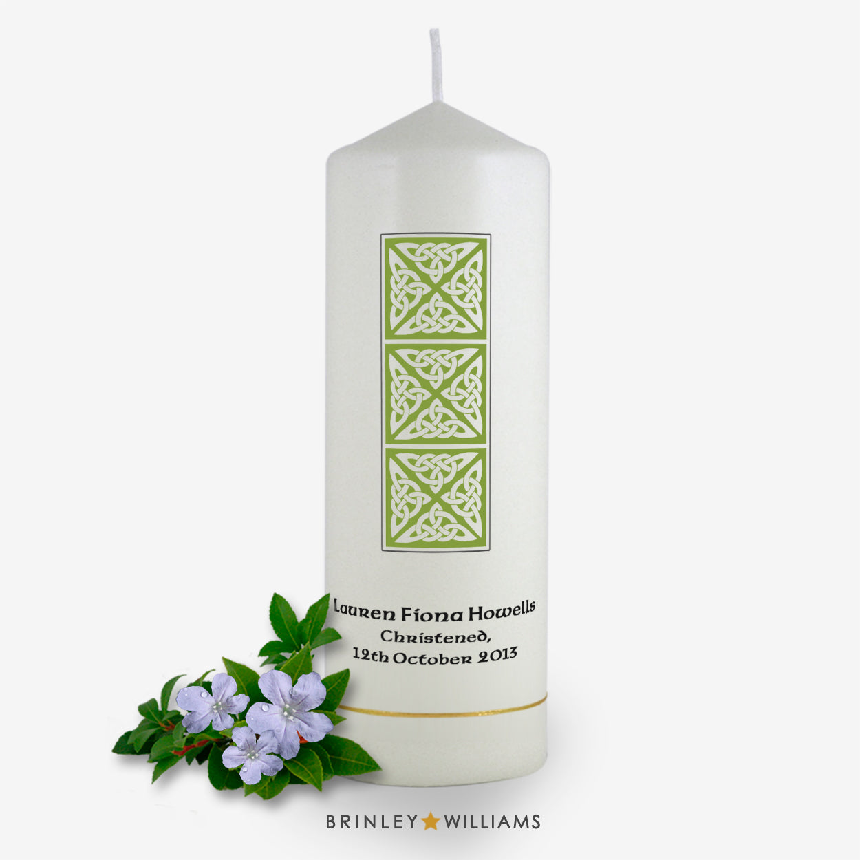 Celtic Column Personalised Christening Candle - Emerald