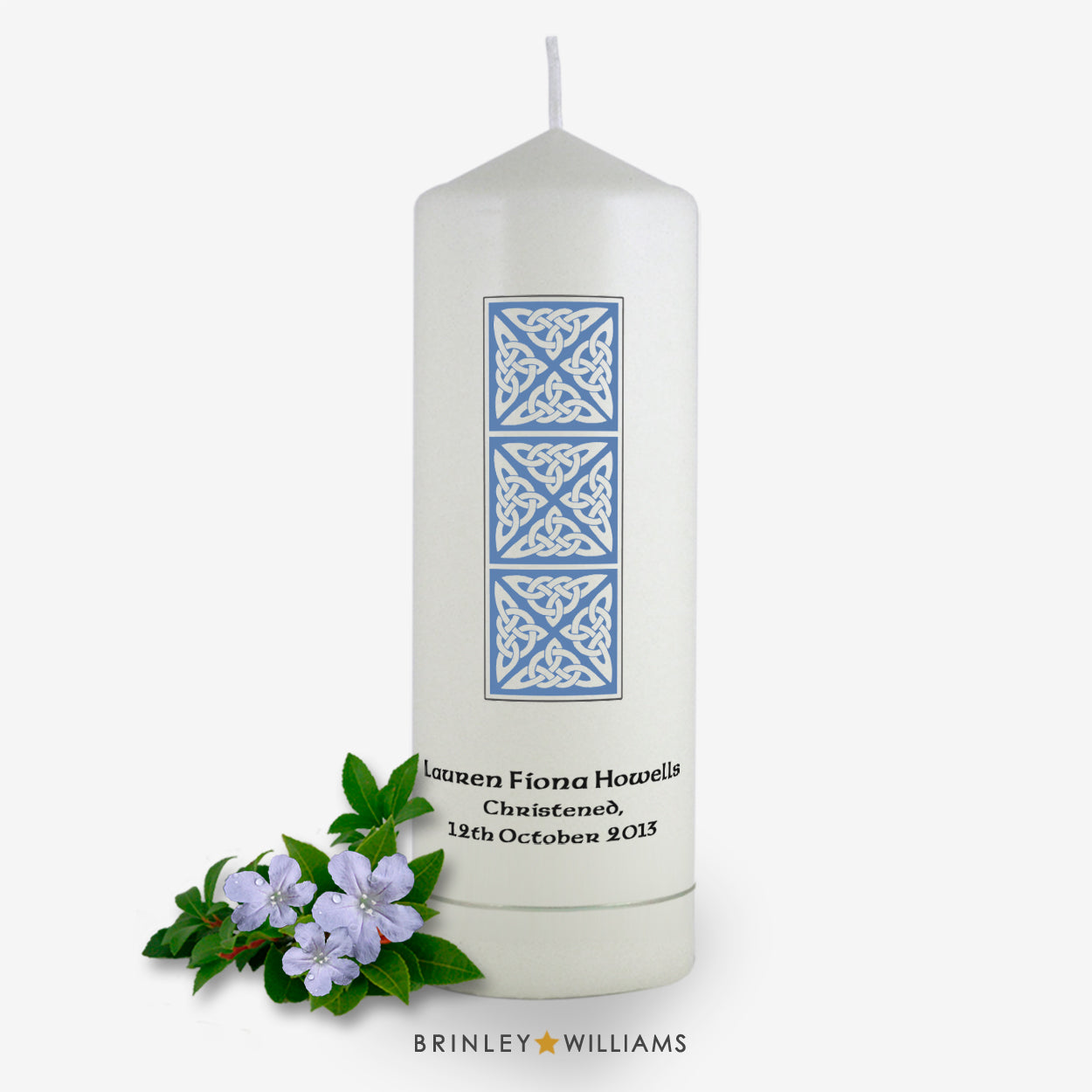 Celtic Column Personalised Christening Candle - Sky Blue