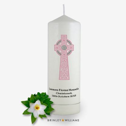 Celtic Cross Personalised Christening Candle - Soft Pink