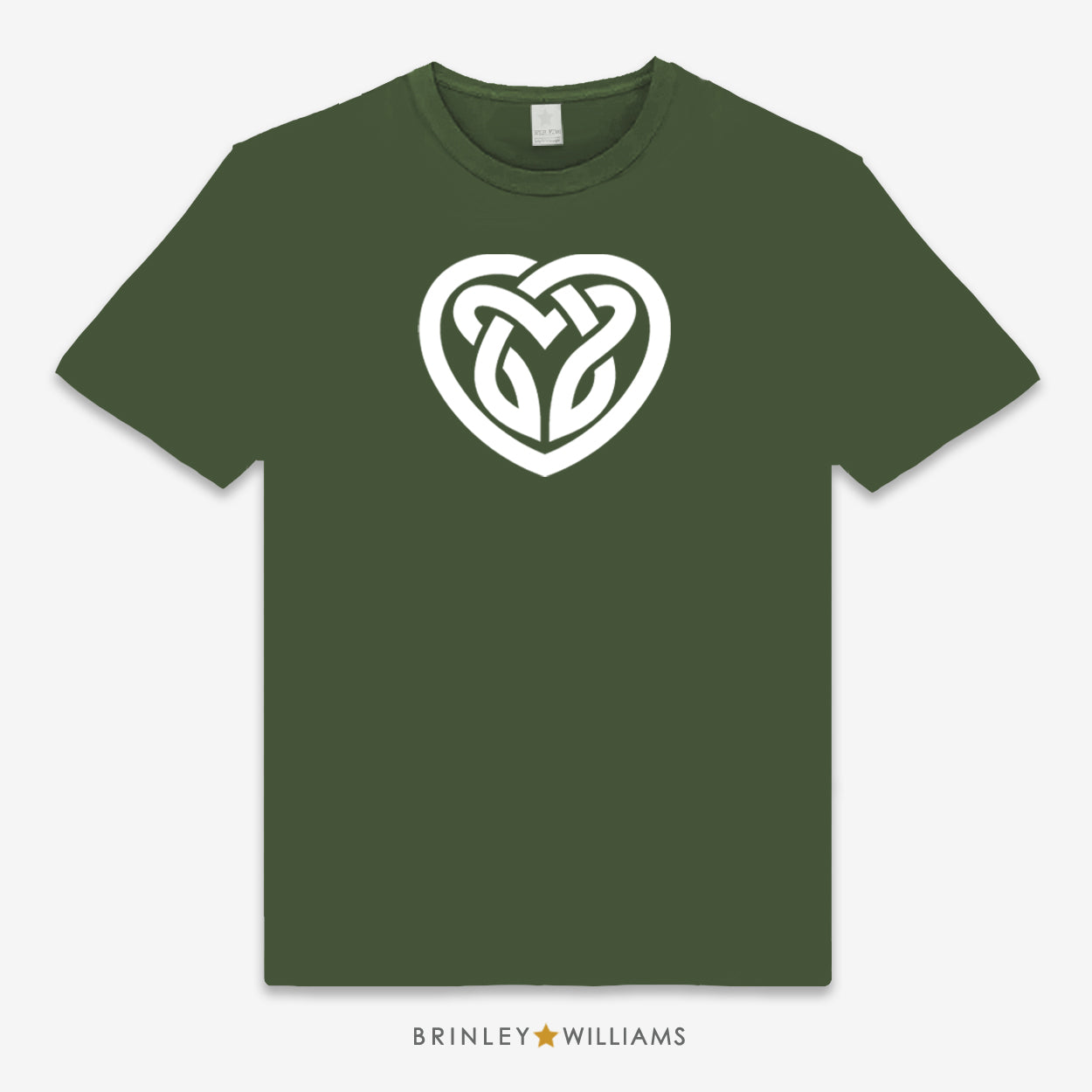 Green unisex t-shirt printed with a white Celtic heart-shaped design 