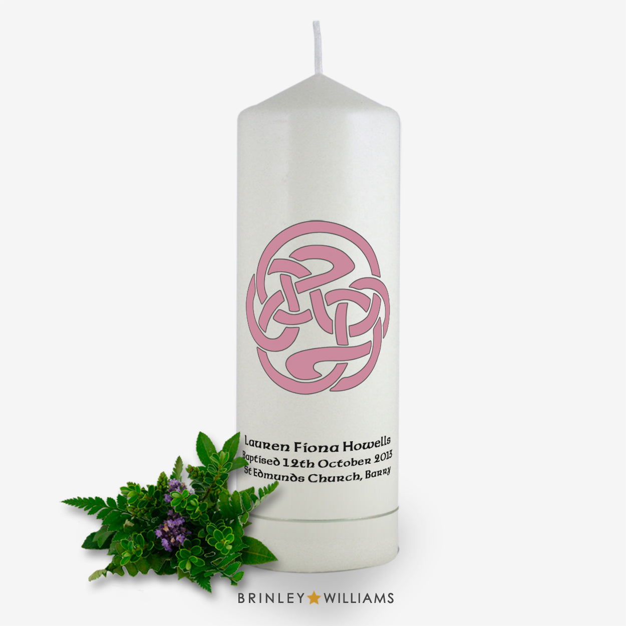Celtic Spiral Personalised Baptism Candle - Soft Pink