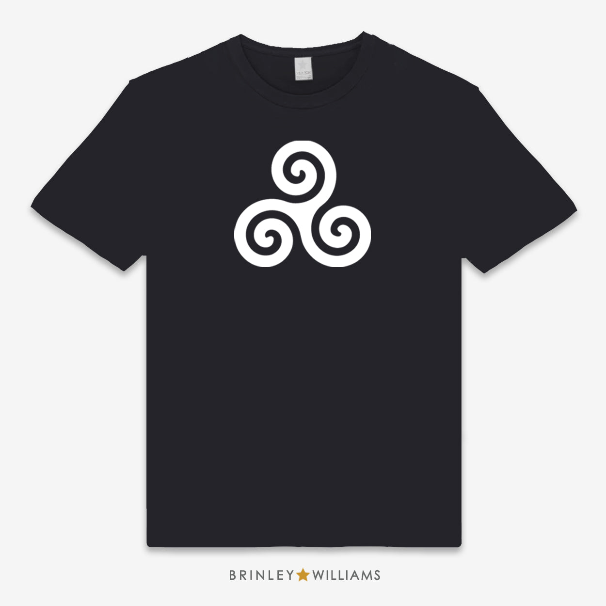 Black unisex t-shirt printed with a white triskele symbol design