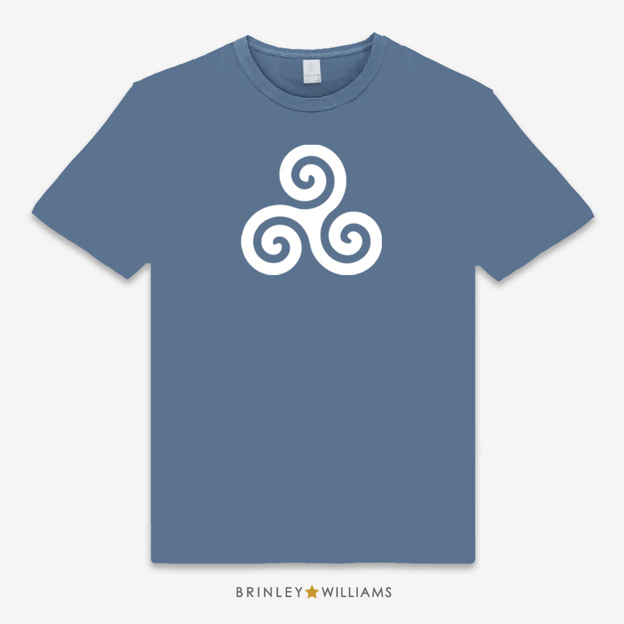 Blue unisex t-shirt printed with a white triskele symbol design