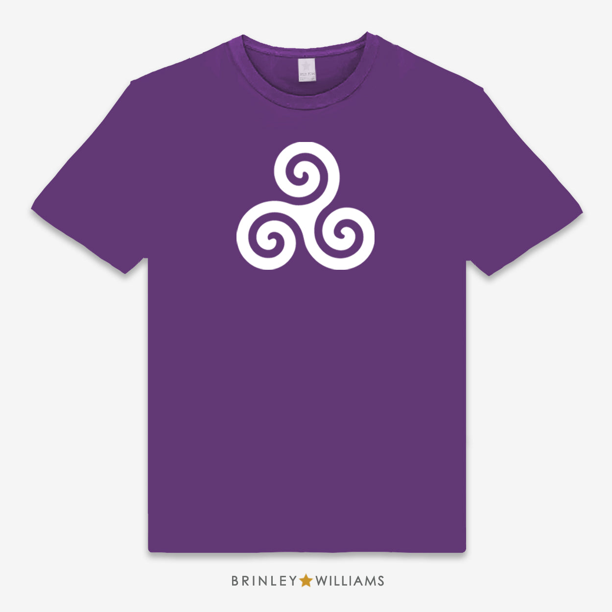 Purple unisex t-shirt printed with a white triskele symbol design