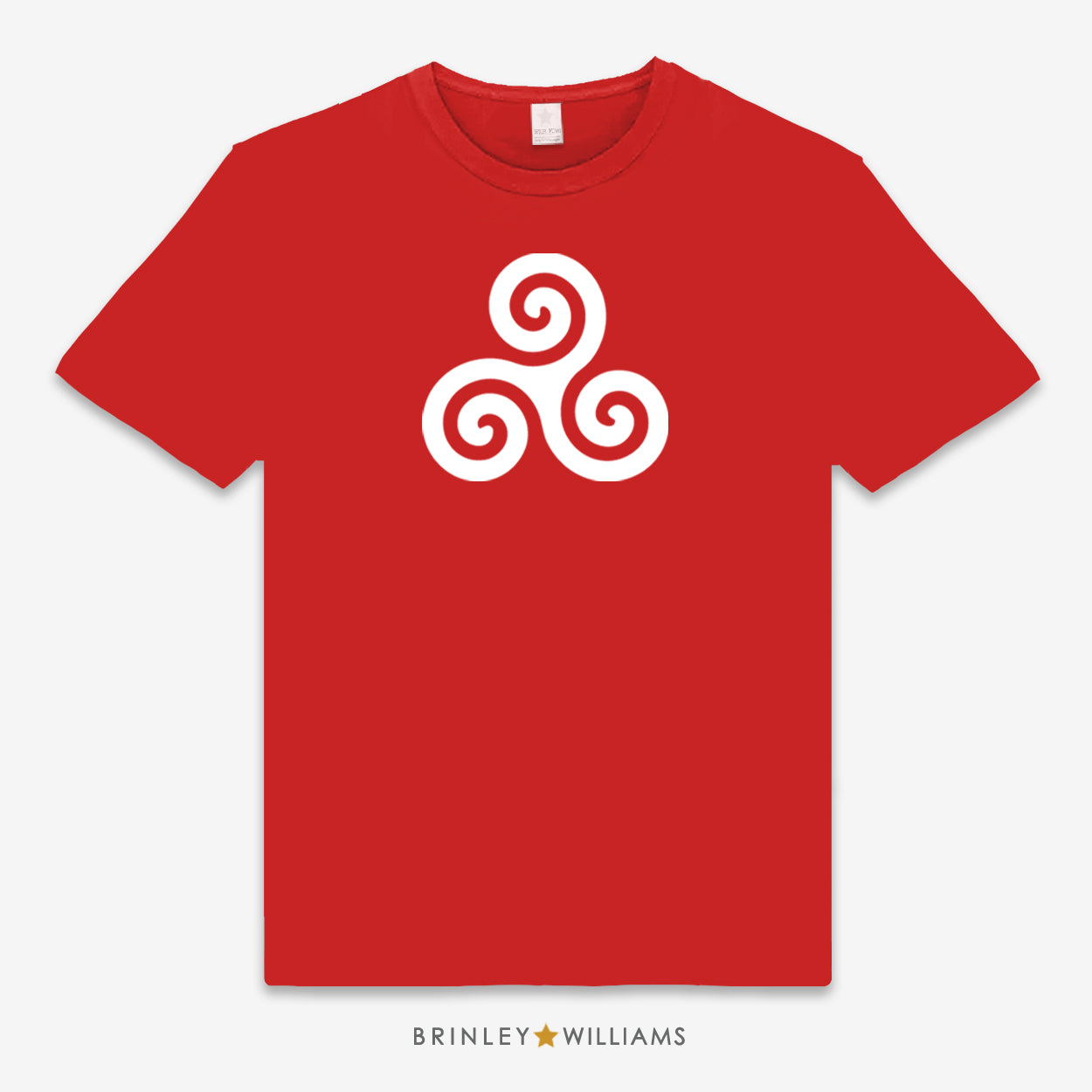 Red unisex t-shirt printed with a white triskele symbol design