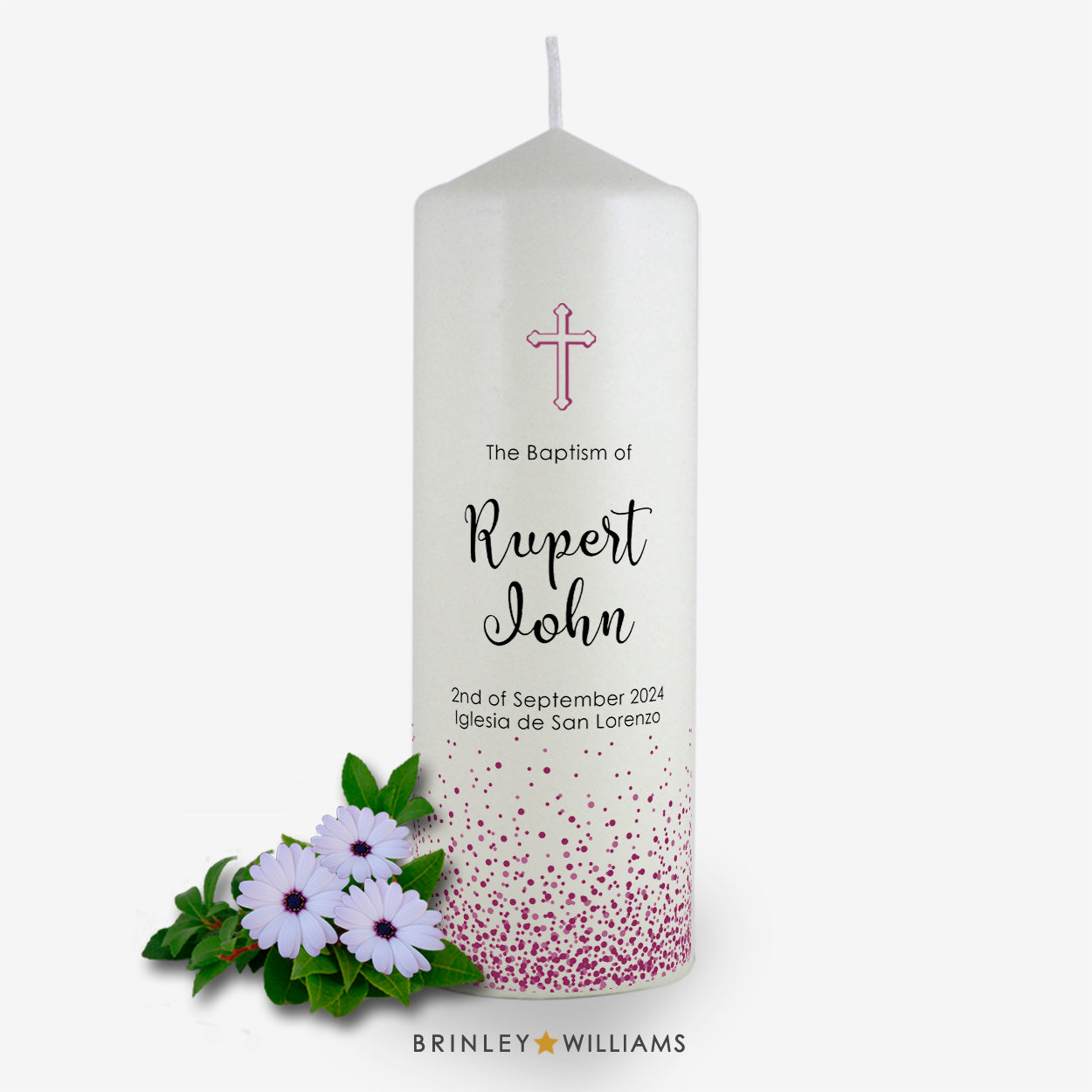 Confetti Personalised Baptism Candle - Burgundy