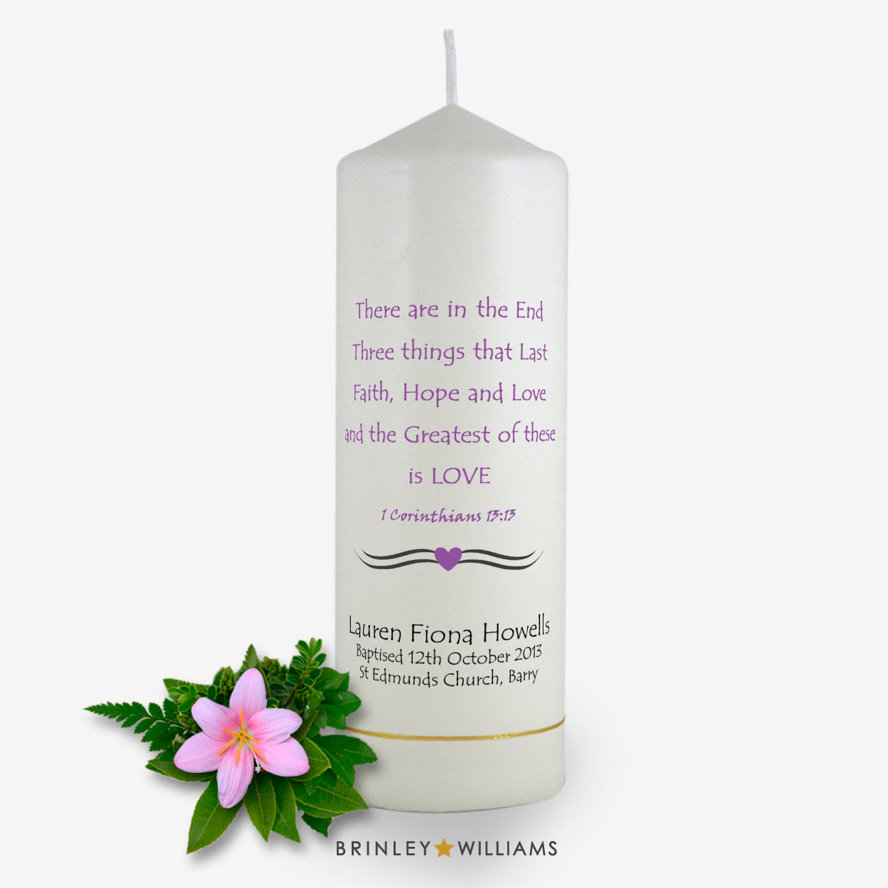 1 Corinthians Personalised Baptism Candle - Lavender