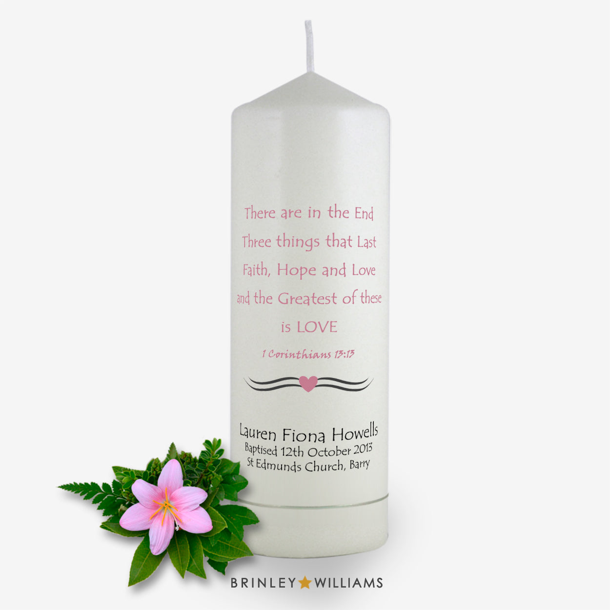 1 Corinthians Personalised Baptism Candle - Soft Pink