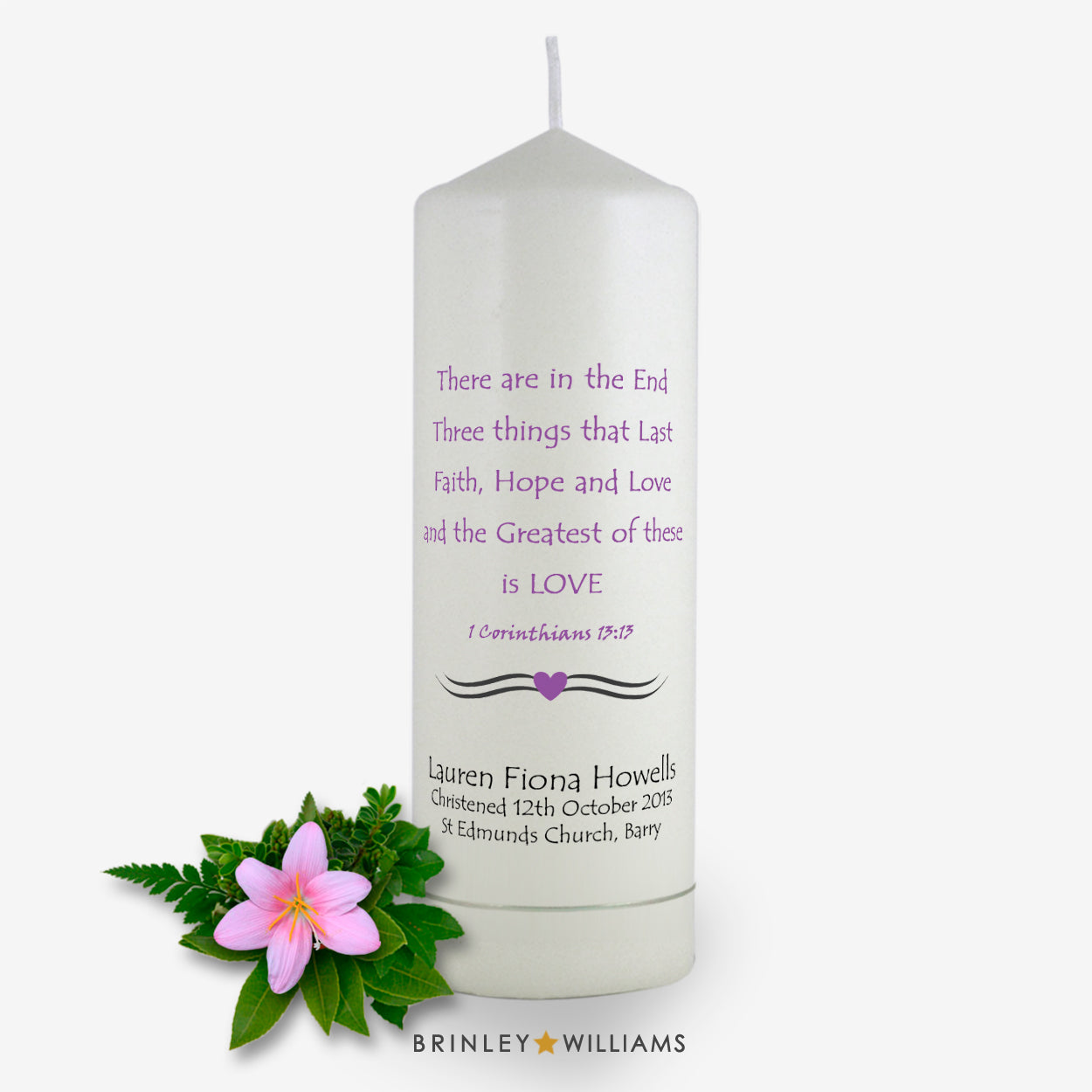 1 Corinthians Personalised Christening Candle - Lavender
