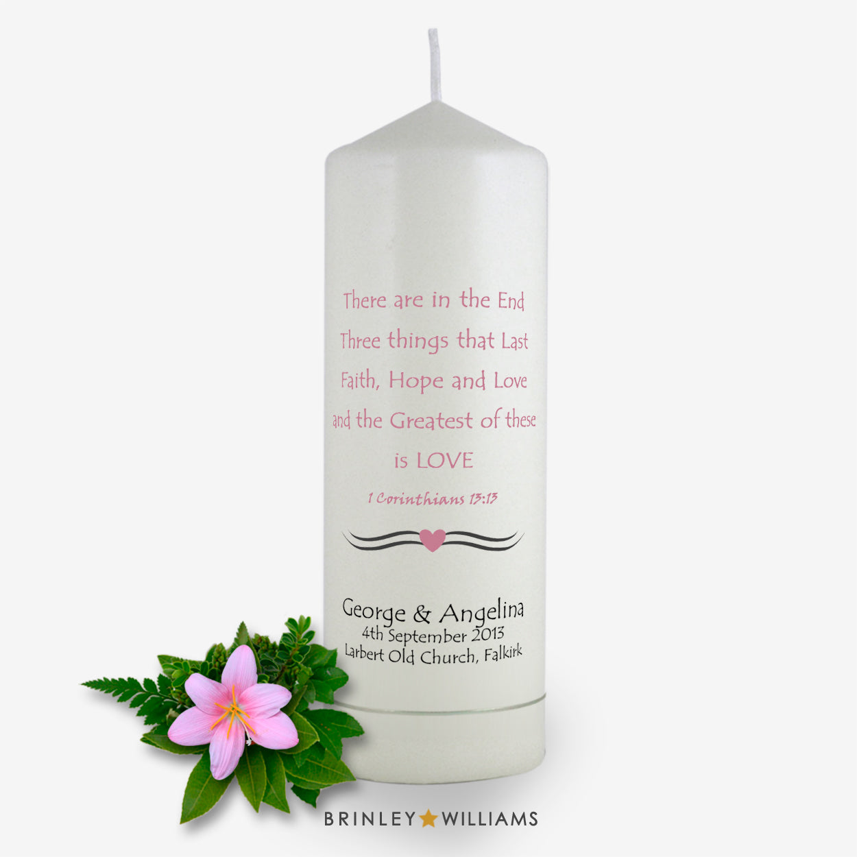 1 Corinthians Personalised Wedding Candle - Soft Pink