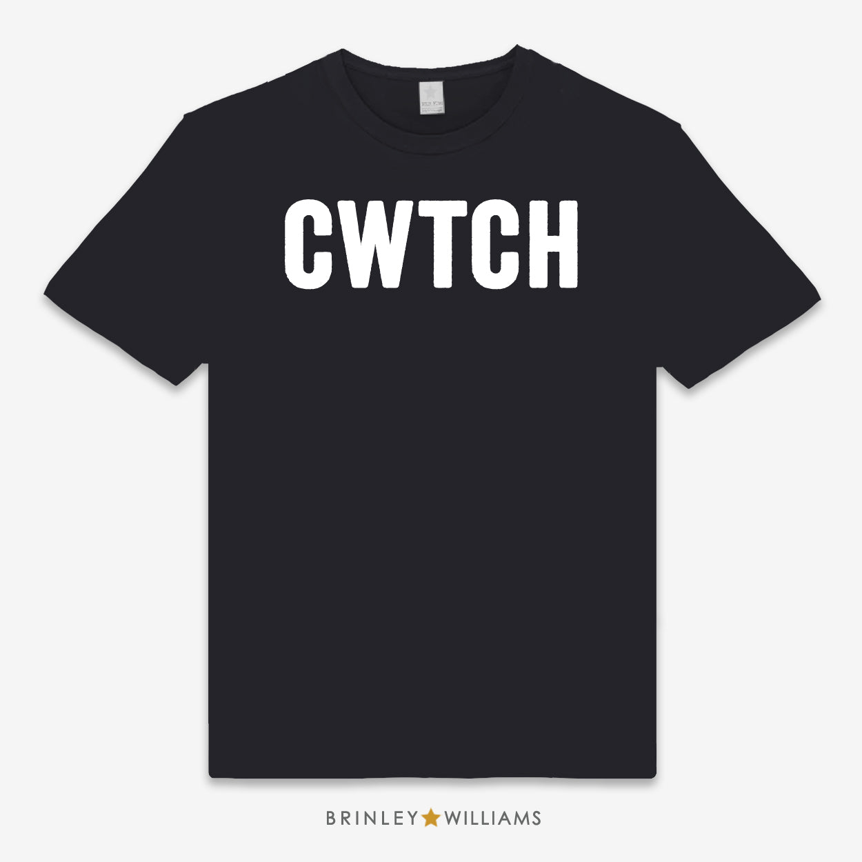 Black unisex t-shirt printed  with  large 'CWTCH' text design in white