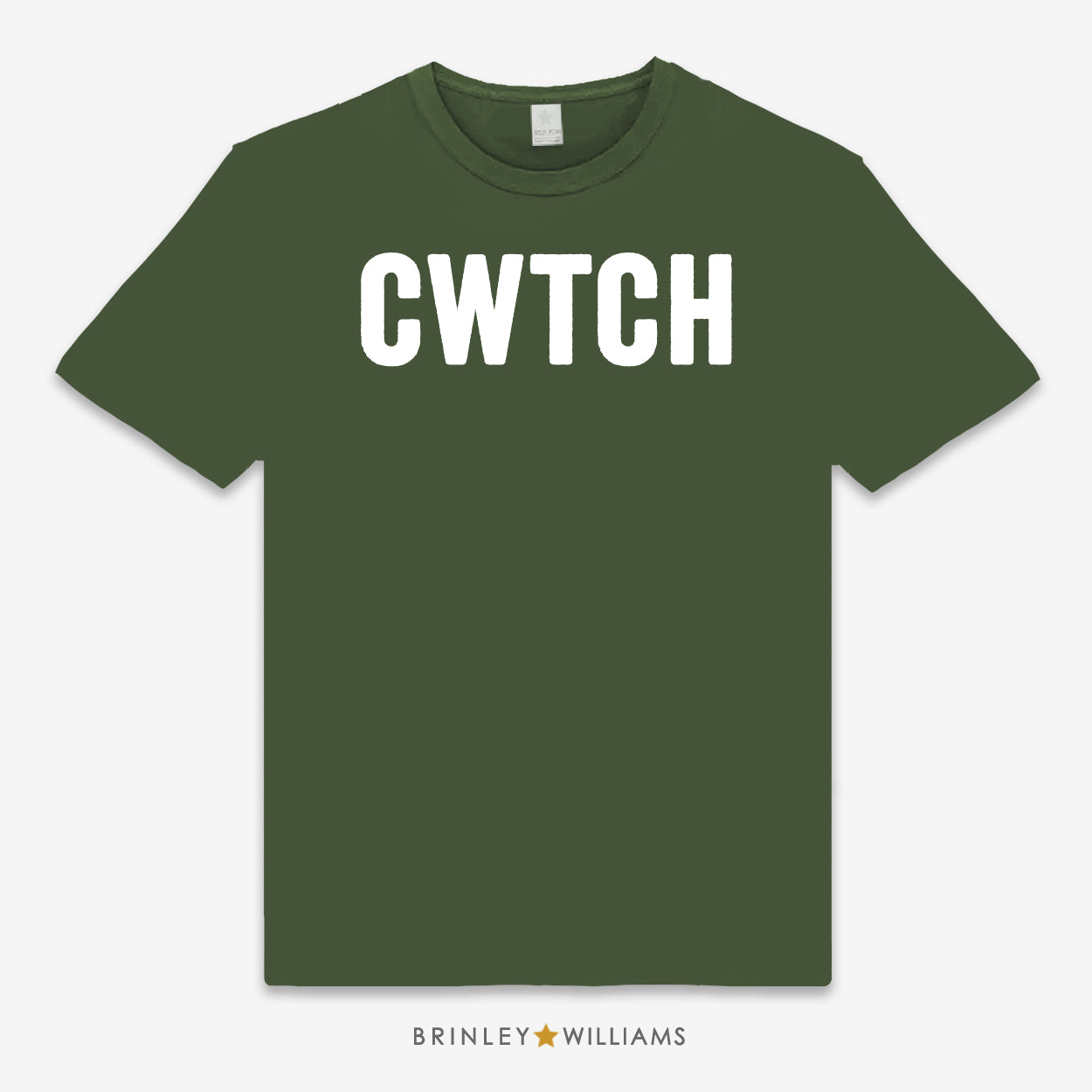 Green unisex t-shirt printed  with  large 'CWTCH' text design in white