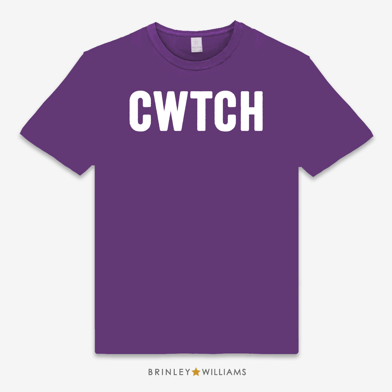 Purple unisex t-shirt printed  with  large 'CWTCH' text design in white