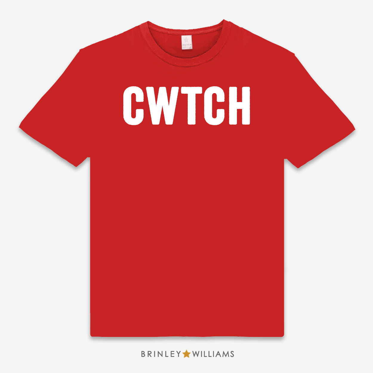 Red unisex t-shirt printed  with  large 'CWTCH' text design in white
