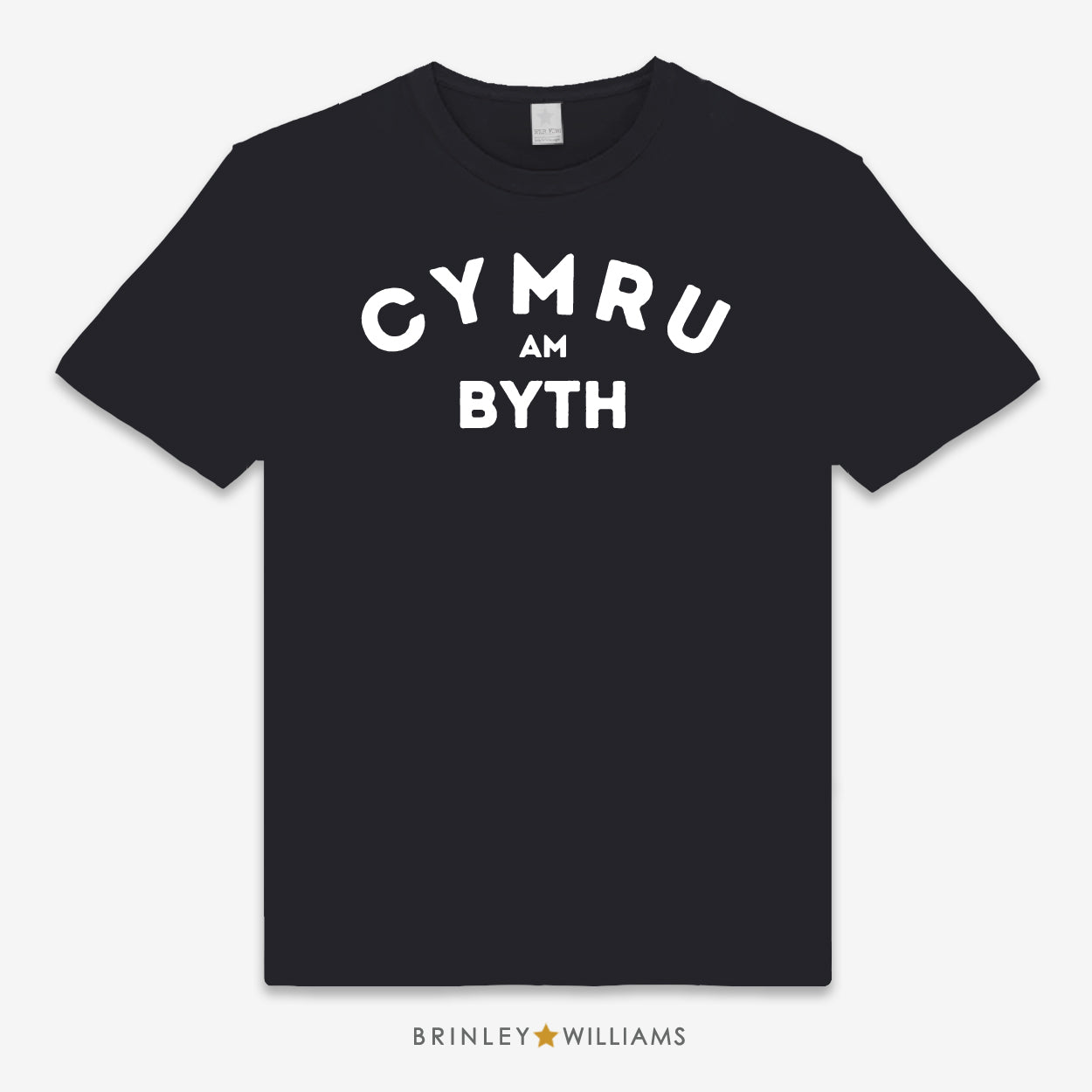 Black unisex t-shirt  printed with a white text 'Cymru am Byth' design
