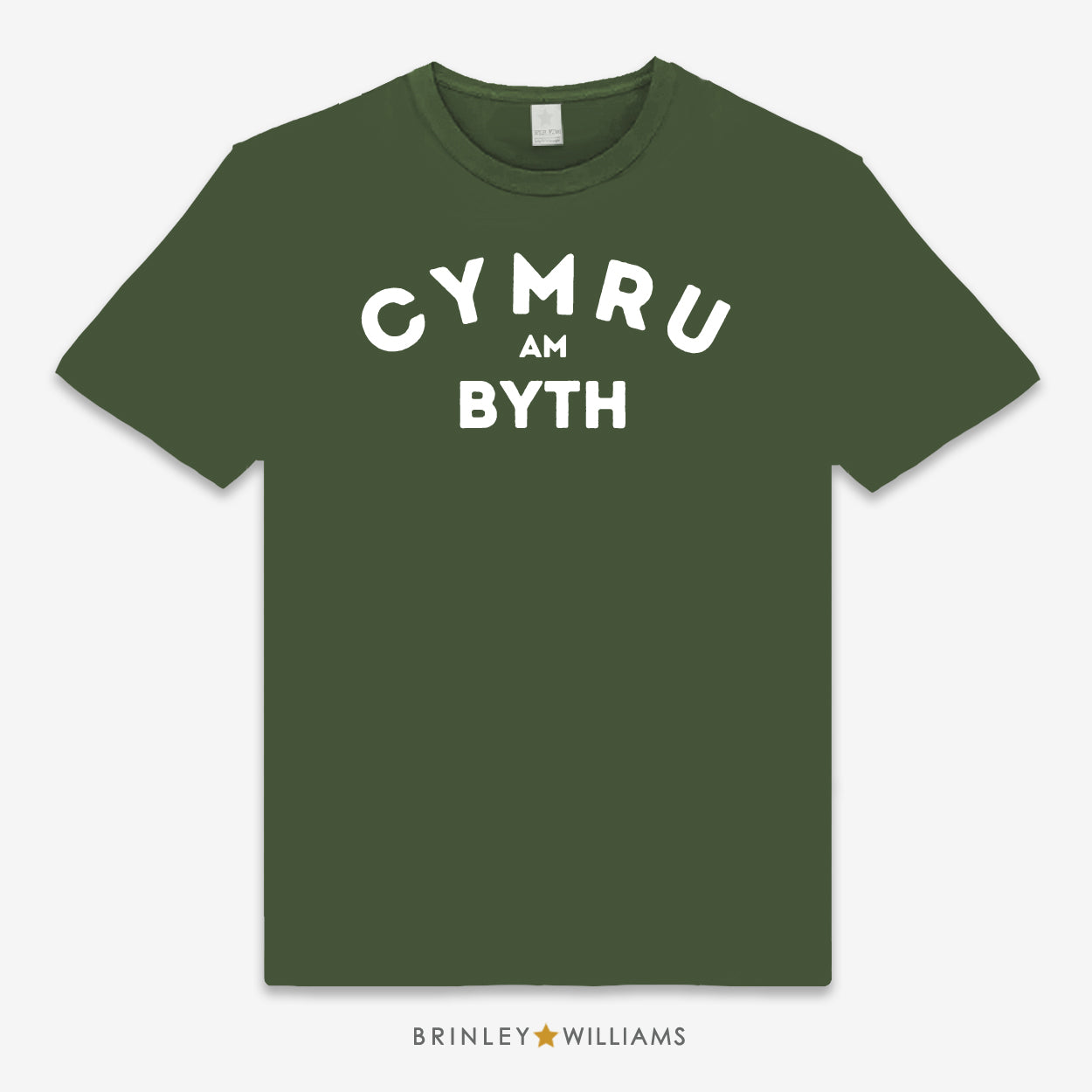 Green unisex t-shirt  printed with a white text 'Cymru am Byth' design