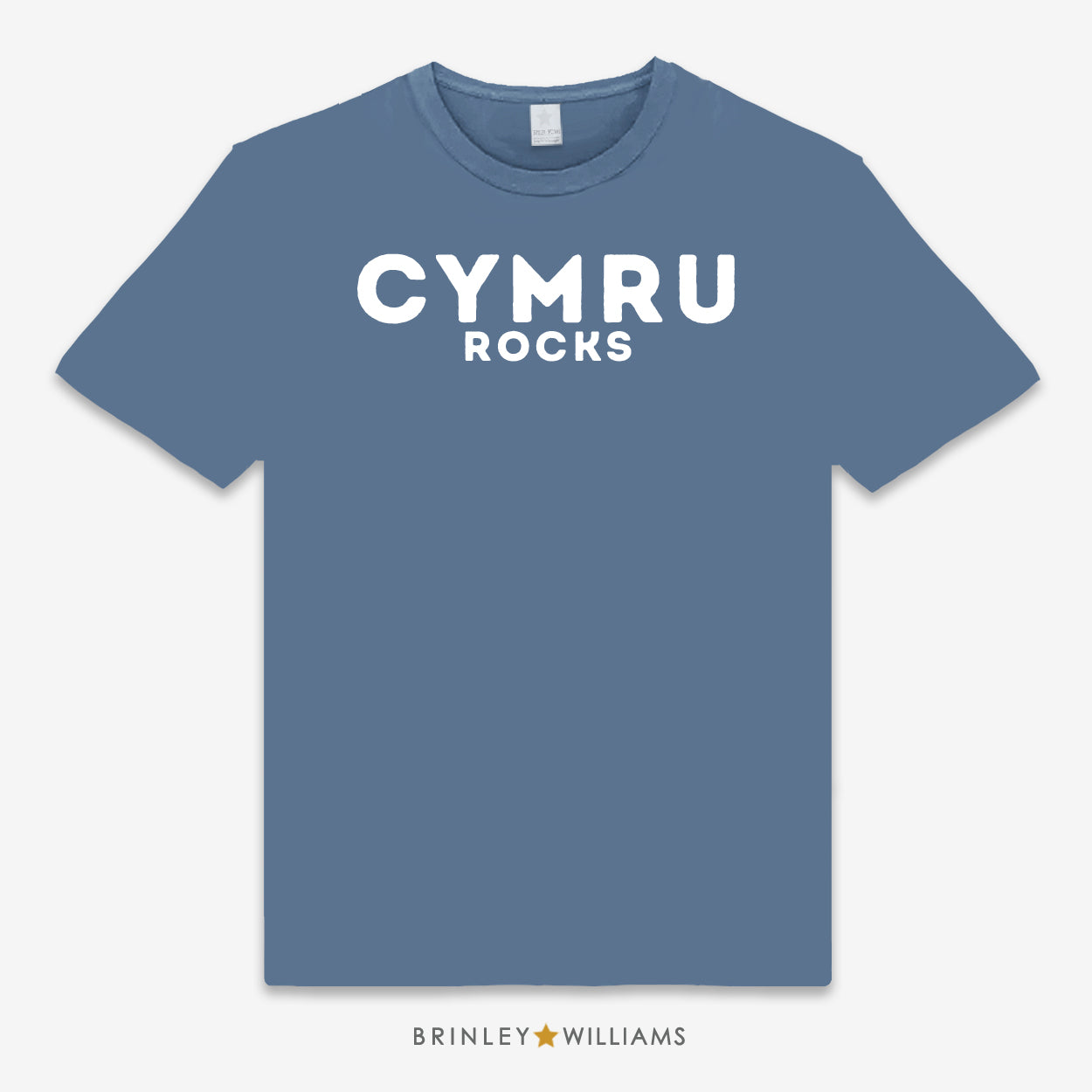 Blue unisex t-shirt printed with white 'Cymru Rocks' text design