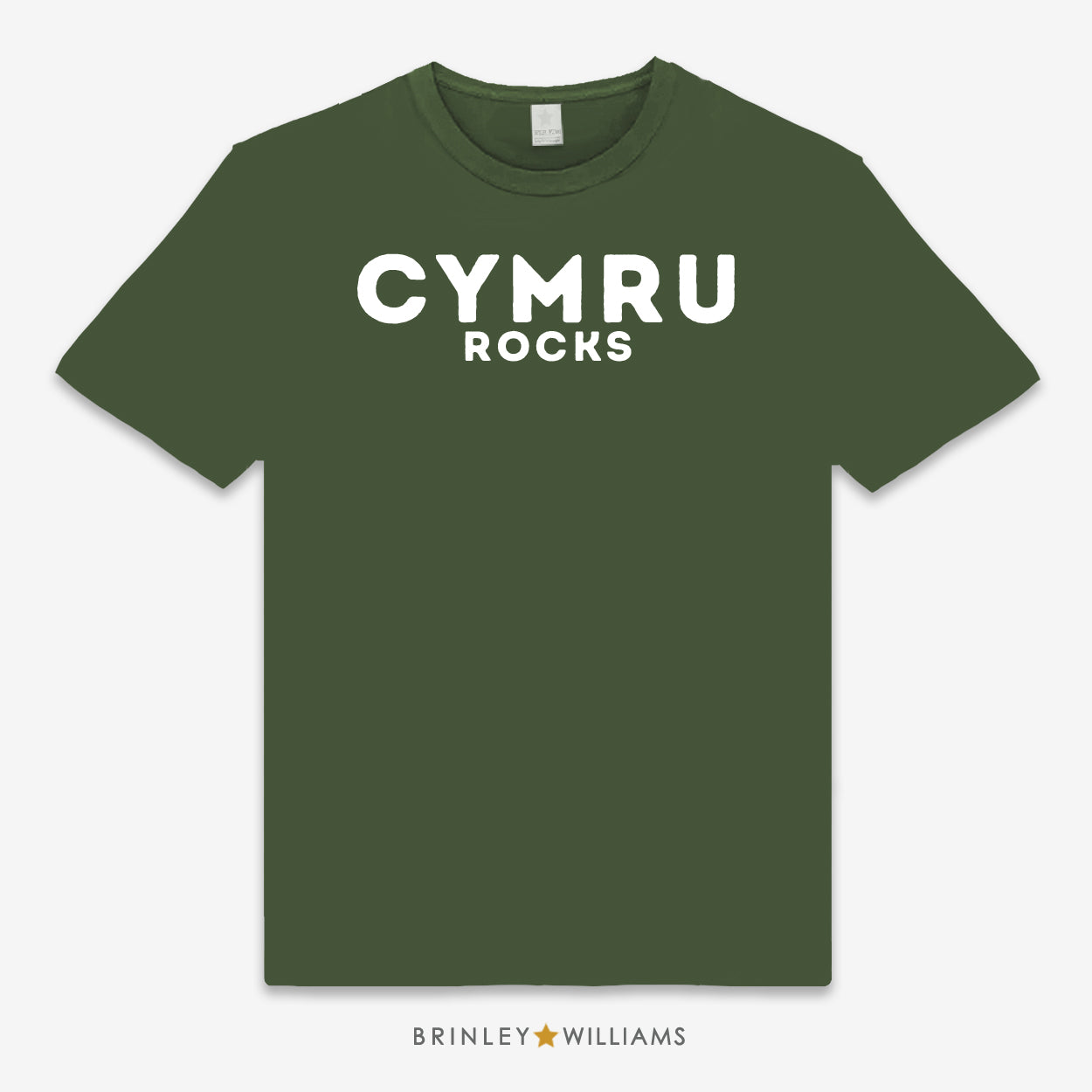 Green unisex t-shirt printed with white 'Cymru Rocks' text design