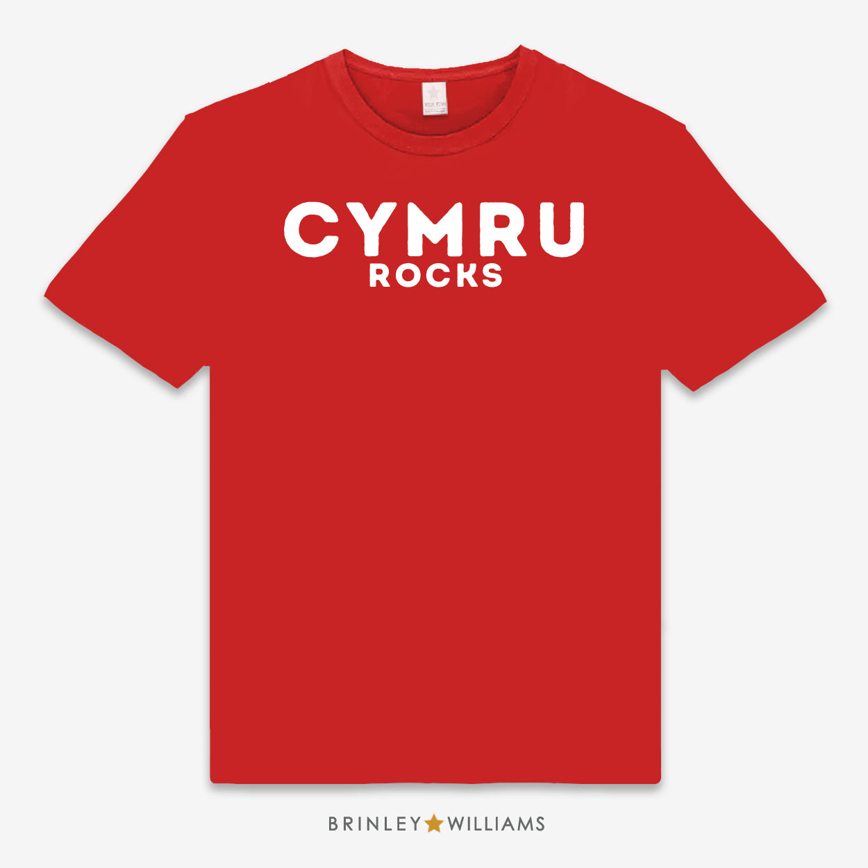 Red unisex t-shirt printed with white 'Cymru Rocks' text design