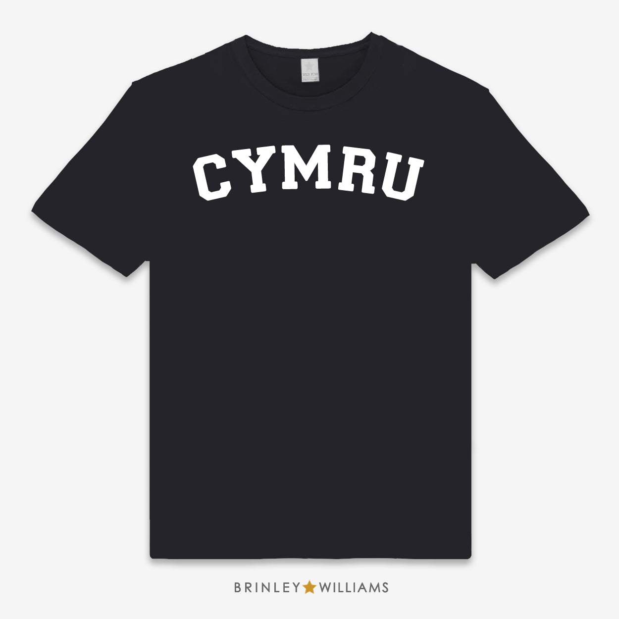Black unisex t-shirt printed with 'CYMRU' text design in white