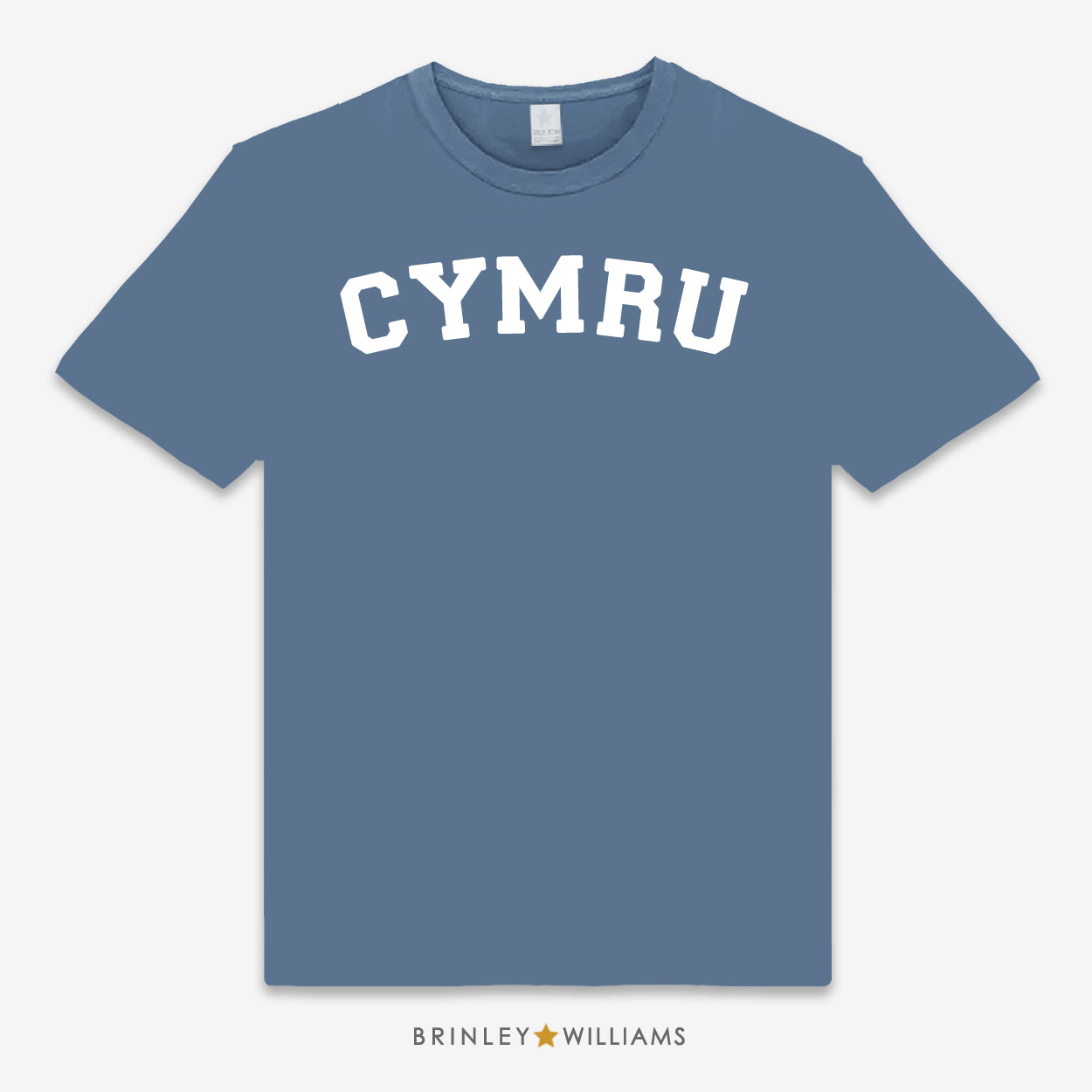 Blue unisex t-shirt printed with 'CYMRU' text design in white