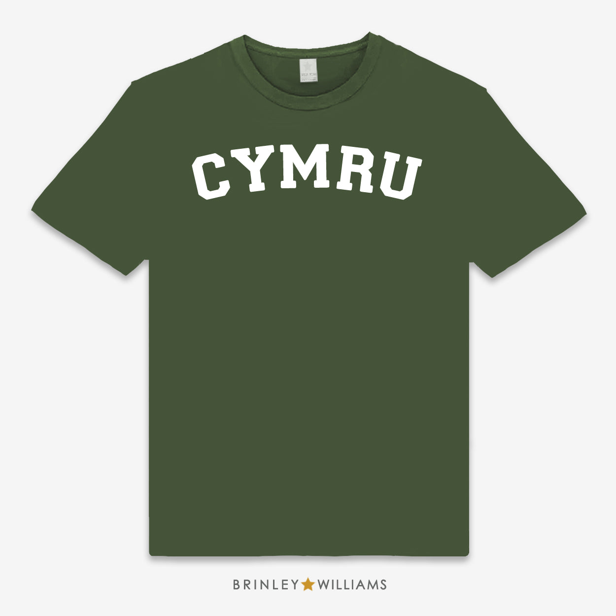 Green unisex t-shirt printed with 'CYMRU' text design in white