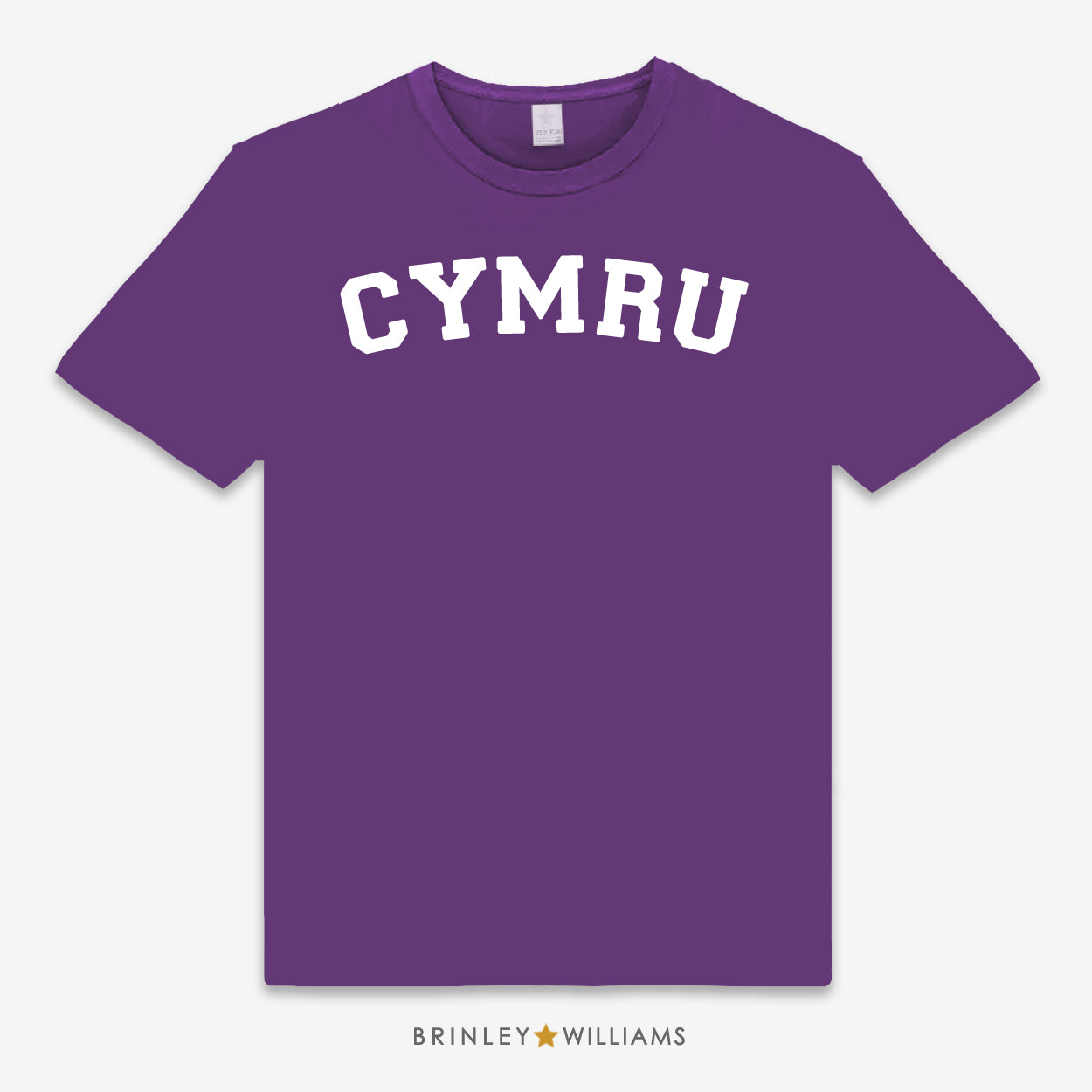 Purple unisex t-shirt printed with 'CYMRU' text design in white