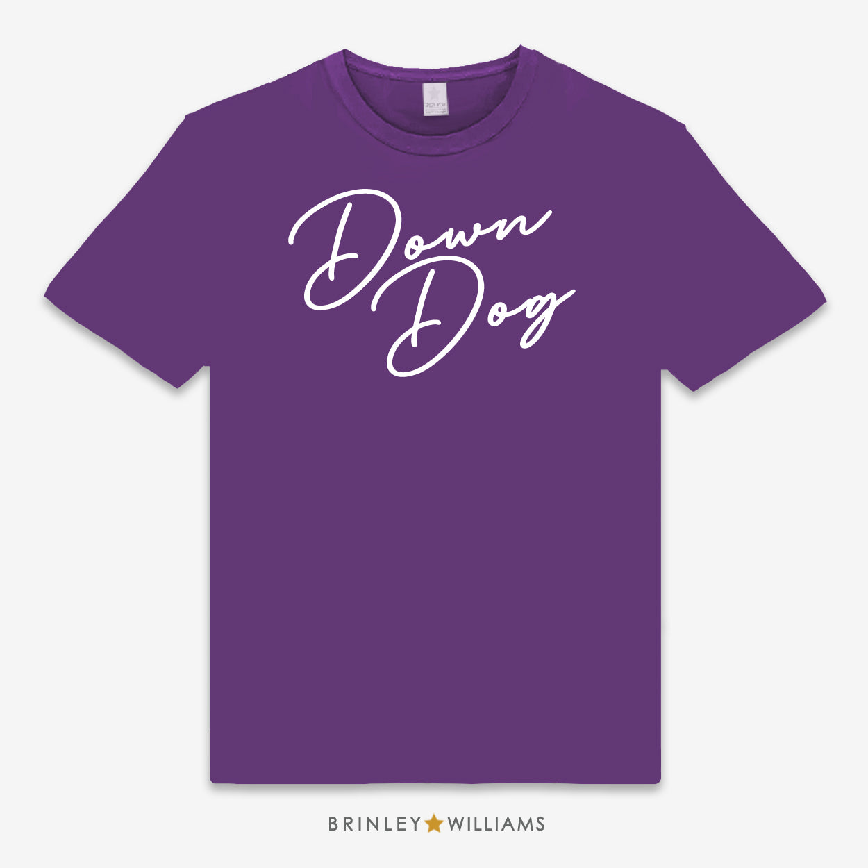 Purple unisex t-shirt with 'Down Dog' text on the front