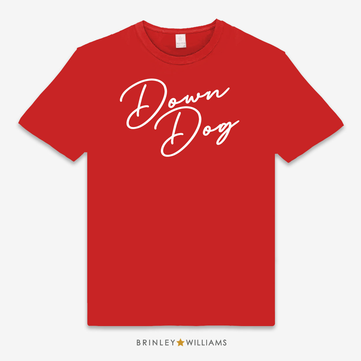 Red unisex t-shirt with 'Down Dog' text on the front