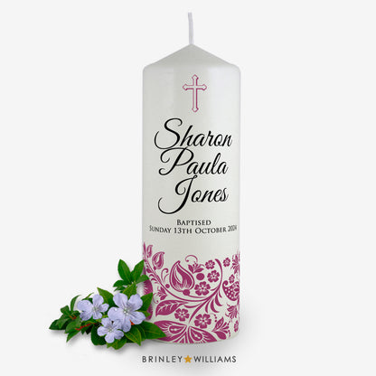 Floral Band Personalised Baptism Candle - Burgundy