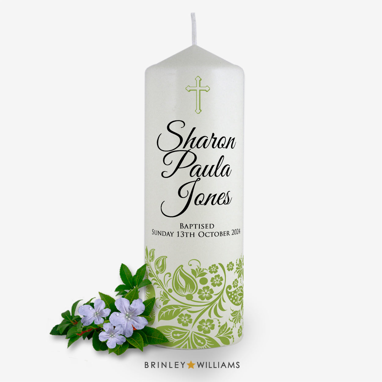 Floral Band Personalised Baptism Candle - Emerald