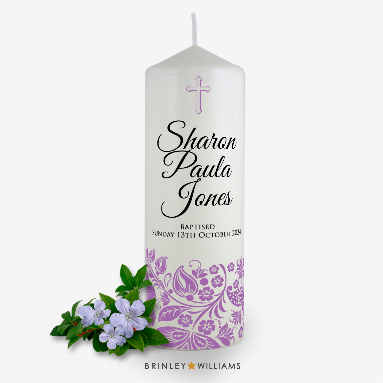 Floral Band Personalised Baptism Candle - Lavender
